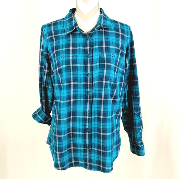 St. John's Bay Tops - St. John's Bay Blue Plaid Shirt Roll-up Large